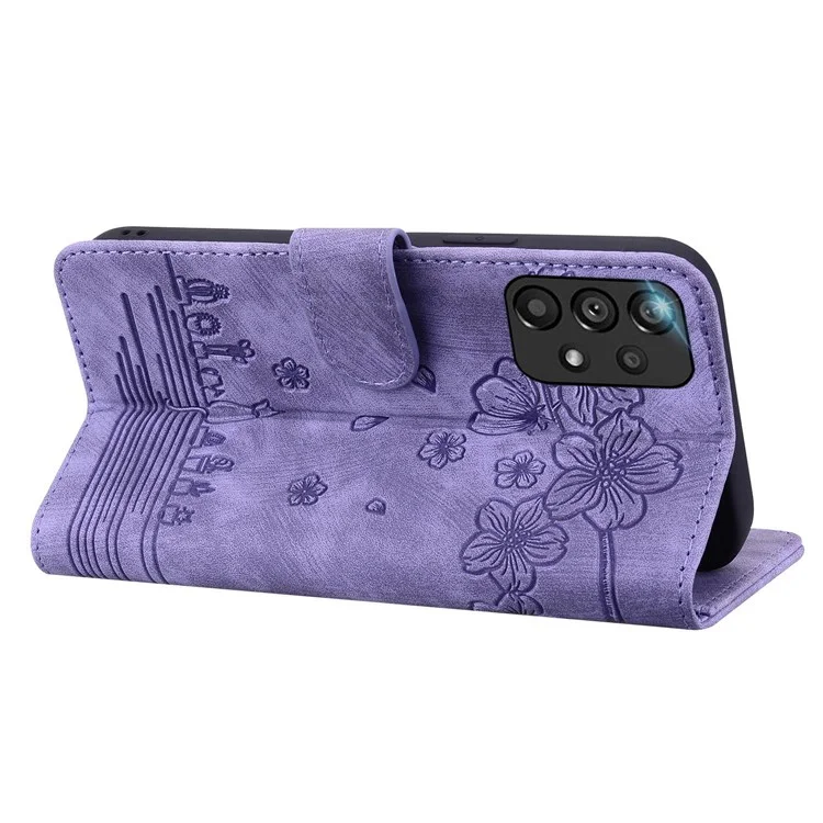 Per Samsung Galaxy A33 5G Anti-fall Full Covering Phone Wallet Case Cherry Blossom Cat Imprinted PU Leather Stand Flip Cover with Strap - Viola