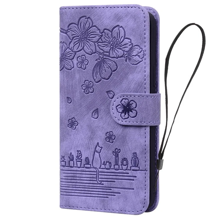 Per Samsung Galaxy A33 5G Anti-fall Full Covering Phone Wallet Case Cherry Blossom Cat Imprinted PU Leather Stand Flip Cover with Strap - Viola