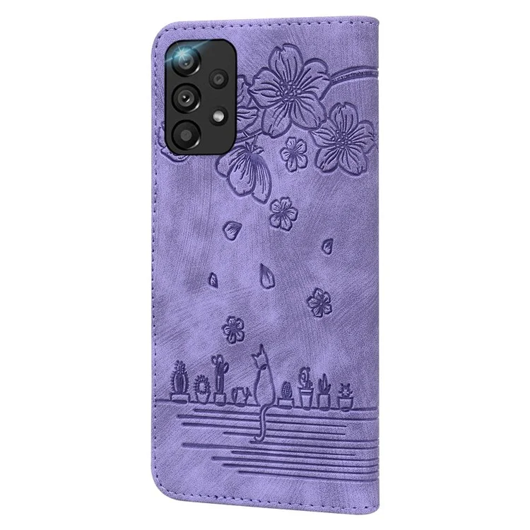 Per Samsung Galaxy A33 5G Anti-fall Full Covering Phone Wallet Case Cherry Blossom Cat Imprinted PU Leather Stand Flip Cover with Strap - Viola
