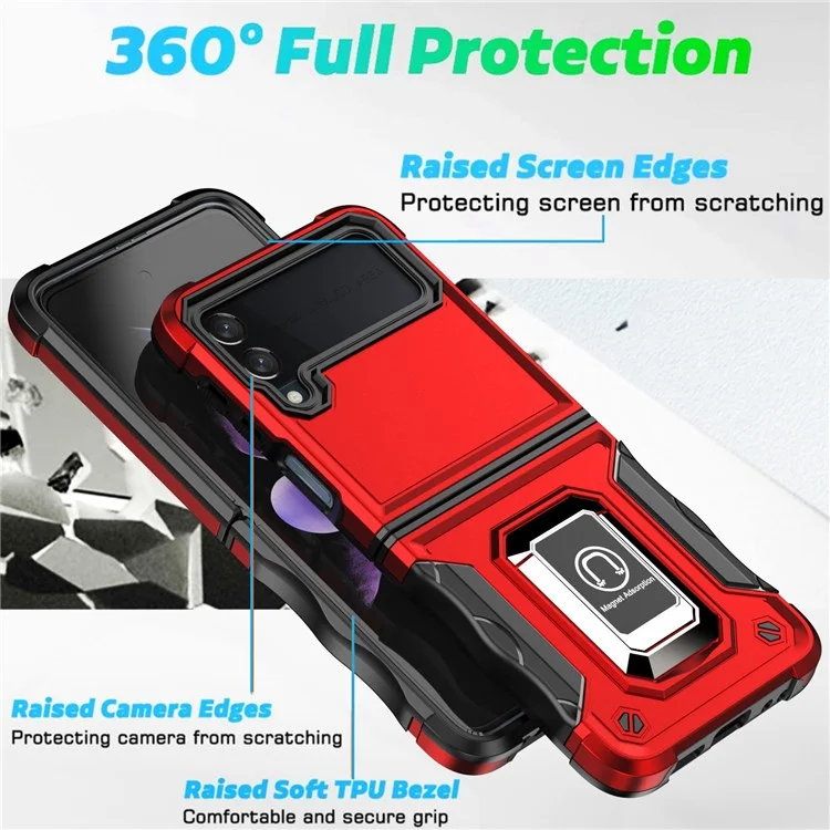 For Samsung Galaxy Z Flip4 5G Hard PC Soft TPU Shock Absorption Phone Case Rotating Ring Holder Kickstand Cover - Blue