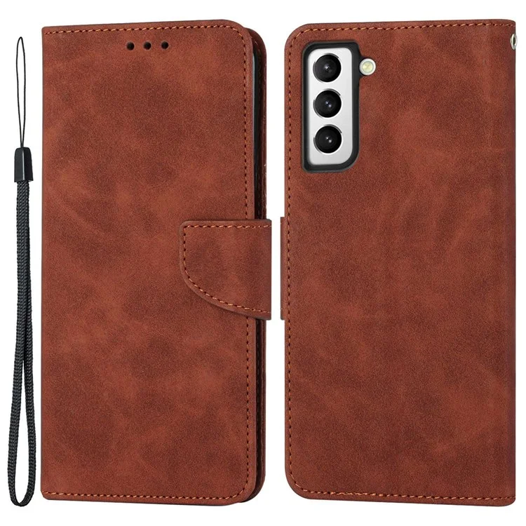 Para Samsung Galaxy S22 5G Anti-drop Phone Case Solid Color Calf Textured PU Leather Cover Wallet Stand with Magnetic Clasp - Marrom