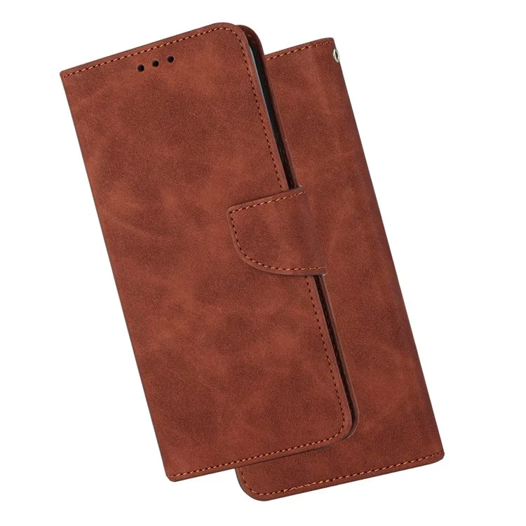 Para Samsung Galaxy S22 5G Anti-drop Phone Case Solid Color Calf Textured PU Leather Cover Wallet Stand with Magnetic Clasp - Marrom