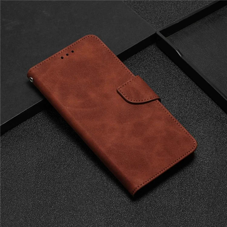Para Samsung Galaxy S22 5G Anti-drop Phone Case Solid Color Calf Textured PU Leather Cover Wallet Stand with Magnetic Clasp - Marrom