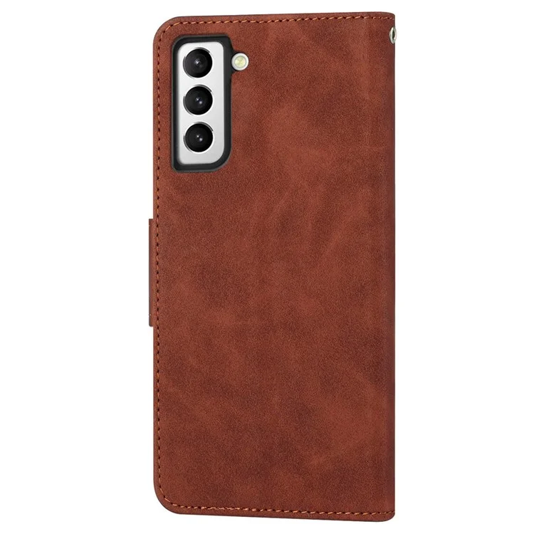 Para Samsung Galaxy S22 5G Anti-drop Phone Case Solid Color Calf Textured PU Leather Cover Wallet Stand with Magnetic Clasp - Marrom