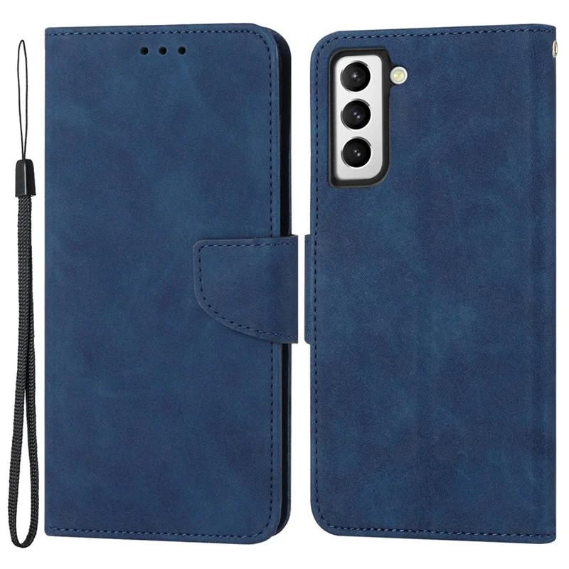 For Samsung Galaxy S22+ 5G Solid Color Drop-proof Phone Case Full Coverage PU Leather Wallet Stand Cover - Blue