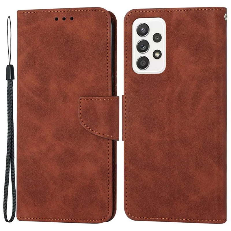 For Samsung Galaxy A53 5G Drop-proof Solid Color Calf Textured Magnetic Clasp PU Leather Case Wallet Stand Anti-scratch Phone Cover - Brown