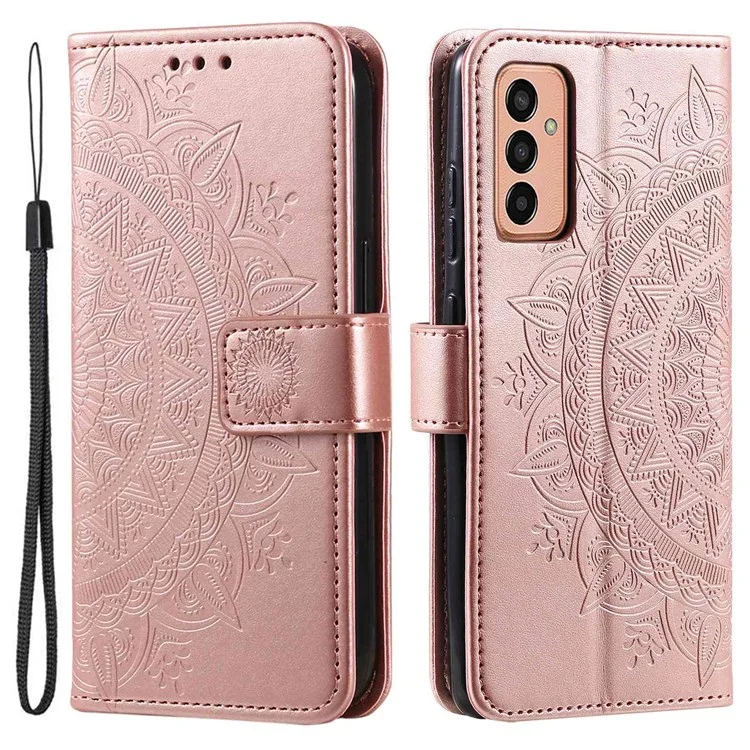 For Samsung Galaxy M13 4G Scratch Resistant Folio Stand Cover Mandala Flower Pattern Imprinted PU Leather Wallet Flip Case with Wrist Strap - Rose Gold