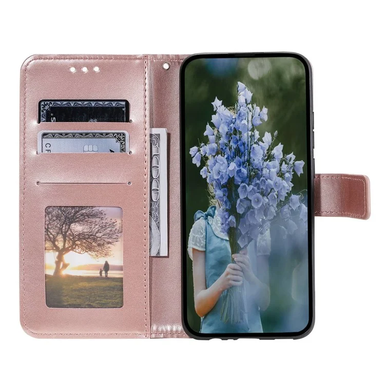 For Samsung Galaxy M13 4G Scratch Resistant Folio Stand Cover Mandala Flower Pattern Imprinted PU Leather Wallet Flip Case with Wrist Strap - Rose Gold
