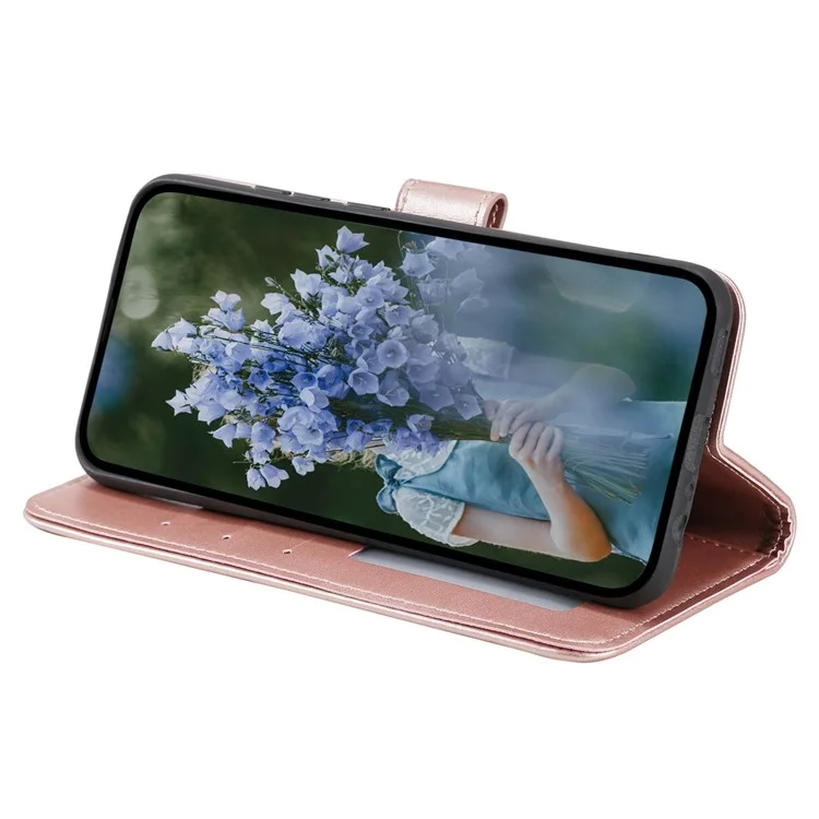For Samsung Galaxy M13 4G Scratch Resistant Folio Stand Cover Mandala Flower Pattern Imprinted PU Leather Wallet Flip Case with Wrist Strap - Rose Gold