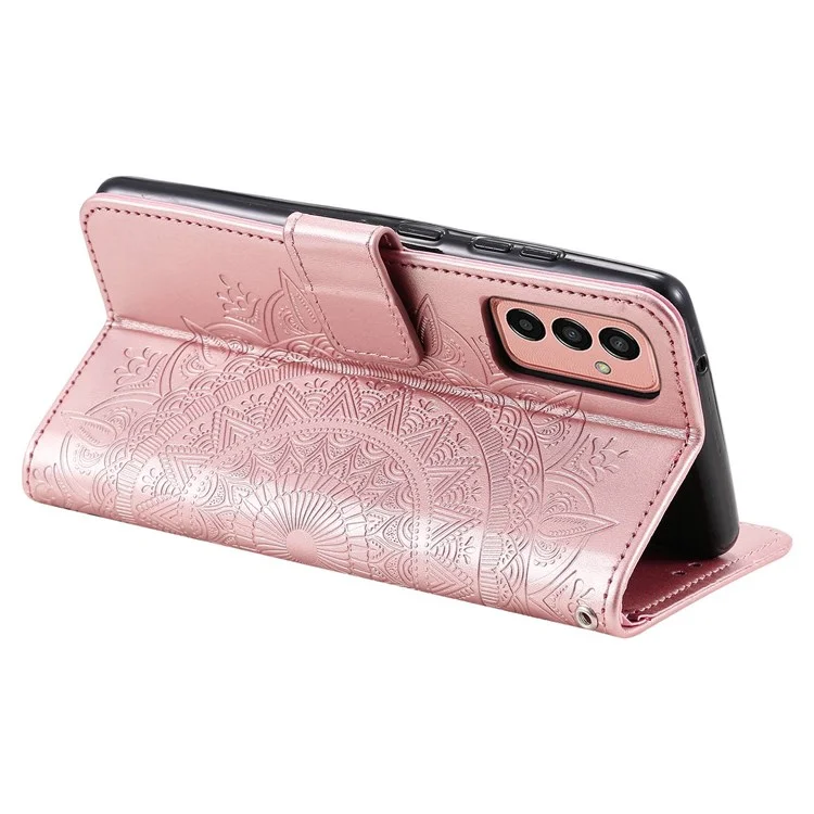 For Samsung Galaxy M13 4G Scratch Resistant Folio Stand Cover Mandala Flower Pattern Imprinted PU Leather Wallet Flip Case with Wrist Strap - Rose Gold