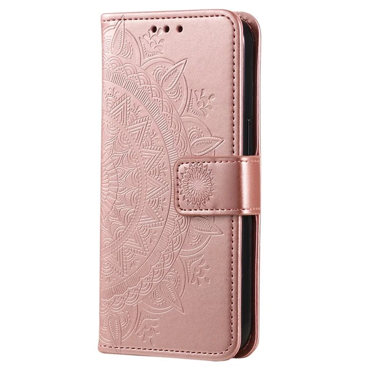 For Samsung Galaxy M13 4G Scratch Resistant Folio Stand Cover Mandala Flower Pattern Imprinted PU Leather Wallet Flip Case with Wrist Strap - Rose Gold