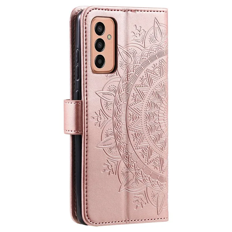 For Samsung Galaxy M13 4G Scratch Resistant Folio Stand Cover Mandala Flower Pattern Imprinted PU Leather Wallet Flip Case with Wrist Strap - Rose Gold