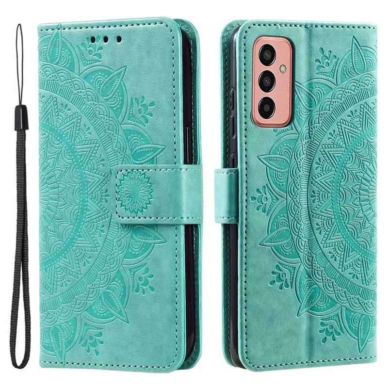 For Samsung Galaxy M13 4G Scratch Resistant Folio Stand Cover Mandala Flower Pattern Imprinted PU Leather Wallet Flip Case with Wrist Strap - Green