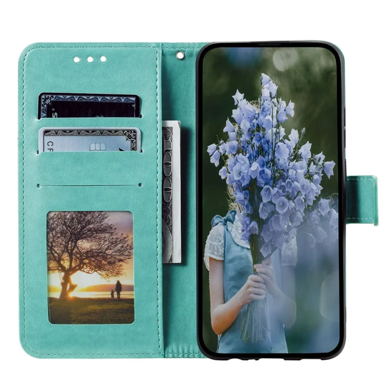 For Samsung Galaxy M13 4G Scratch Resistant Folio Stand Cover Mandala Flower Pattern Imprinted PU Leather Wallet Flip Case with Wrist Strap - Green