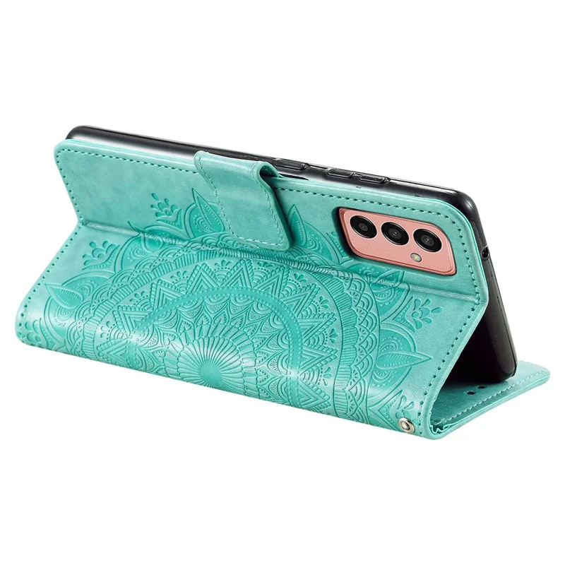 For Samsung Galaxy M13 4G Scratch Resistant Folio Stand Cover Mandala Flower Pattern Imprinted PU Leather Wallet Flip Case with Wrist Strap - Green