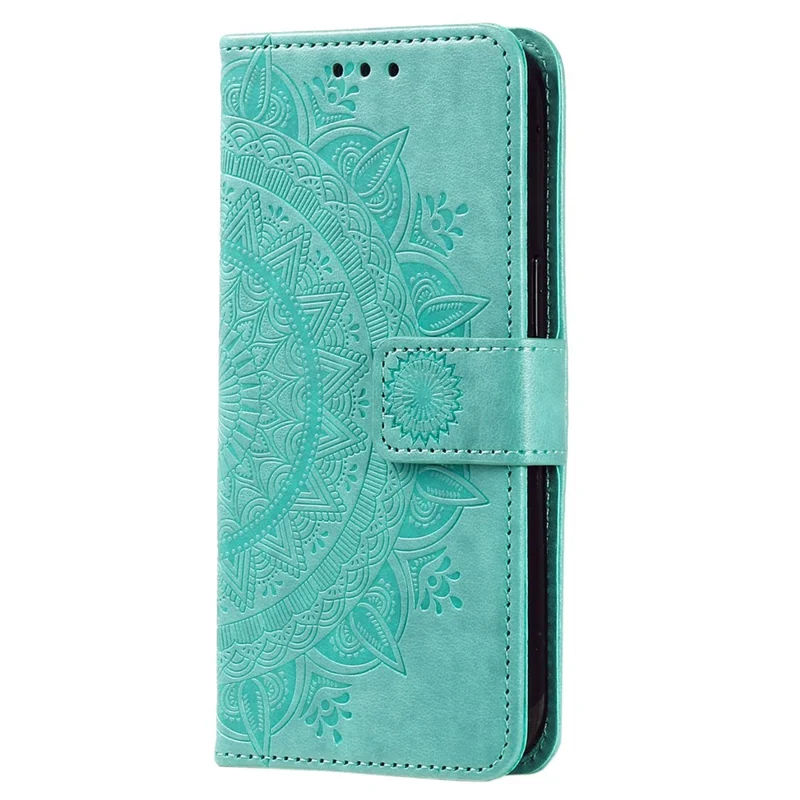 For Samsung Galaxy M13 4G Scratch Resistant Folio Stand Cover Mandala Flower Pattern Imprinted PU Leather Wallet Flip Case with Wrist Strap - Green