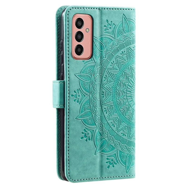 For Samsung Galaxy M13 4G Scratch Resistant Folio Stand Cover Mandala Flower Pattern Imprinted PU Leather Wallet Flip Case with Wrist Strap - Green