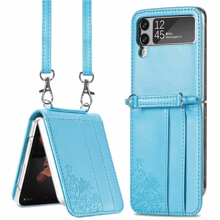Kartenhülle Handyhülle für Samsung Galaxy Z Flip4 5G, Prägung Blume PU Leder beschichtete PC-Abdeckung mit Schultergurt - Blau