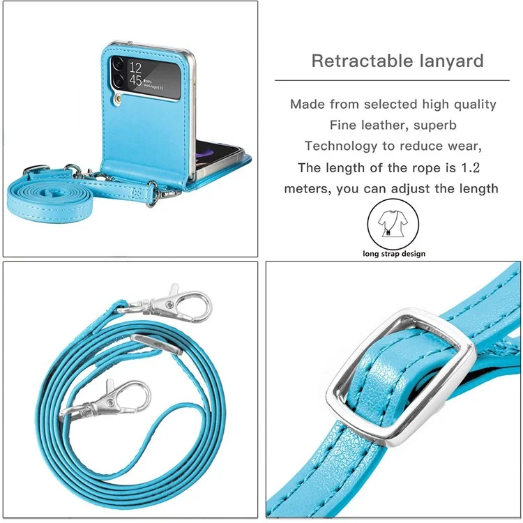Kartenhülle Handyhülle für Samsung Galaxy Z Flip4 5G, Prägung Blume PU Leder beschichtete PC-Abdeckung mit Schultergurt - Blau