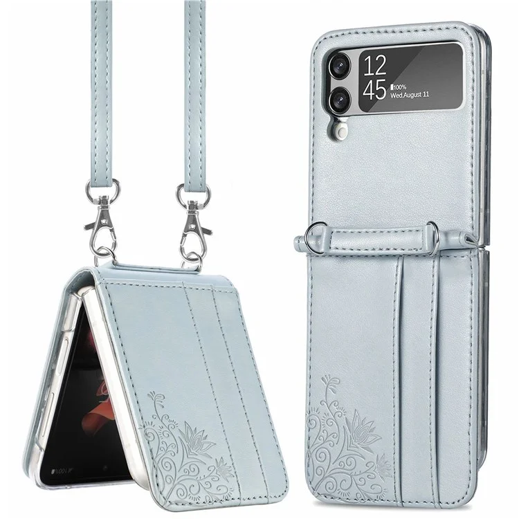 Custodia Per Telefono Del Supporto Per Schede Per Samsung Galaxy Z Flip4 5G, Imprinting Flower PU Copertura Ricoperta di Pelle Con Spalla - Grigio