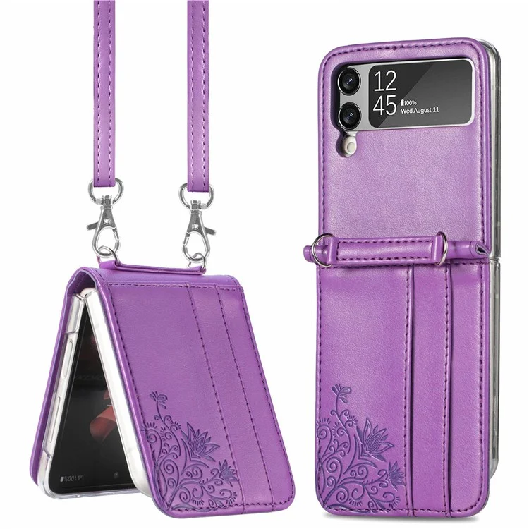 Custodia Per Telefono Del Supporto Per Schede Per Samsung Galaxy Z Flip4 5G, Imprinting Flower PU Copertura Ricoperta di Pelle Con Spalla - Viola