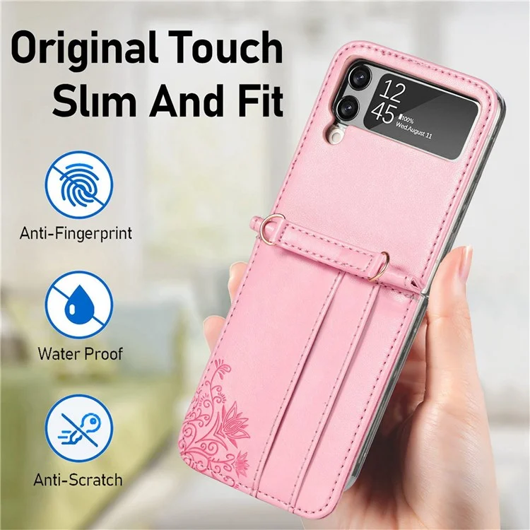 Custodia Per Telefono Del Supporto Per Schede Per Samsung Galaxy Z Flip4 5G, Imprinting Flower PU Copertura Ricoperta di Pelle Con Spalla - Viola