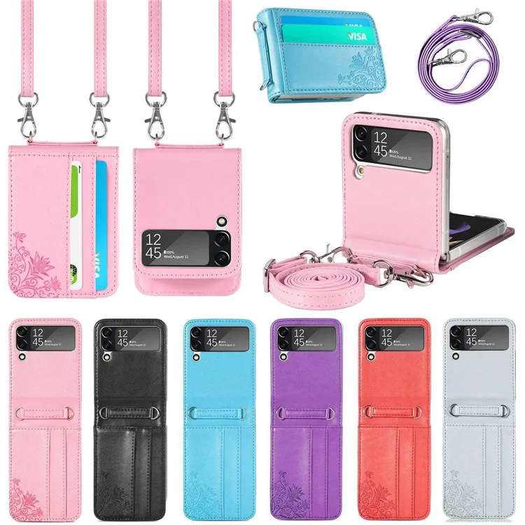 Custodia Per Telefono Del Supporto Per Schede Per Samsung Galaxy Z Flip4 5G, Imprinting Flower PU Copertura Ricoperta di Pelle Con Spalla - Viola