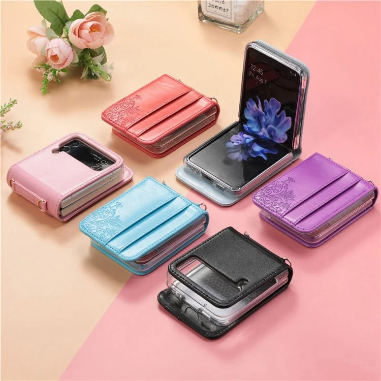 Custodia Per Telefono Del Supporto Per Schede Per Samsung Galaxy Z Flip4 5G, Imprinting Flower PU Copertura Ricoperta di Pelle Con Spalla - Viola