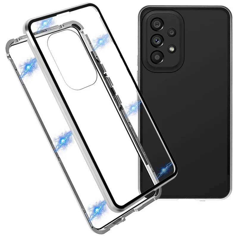 For Samsung Galaxy A53 5G Double-Sided Tempered Glass + Metal Frame Phone Case Full Coverage Magnetic Absorption Cover - Silver