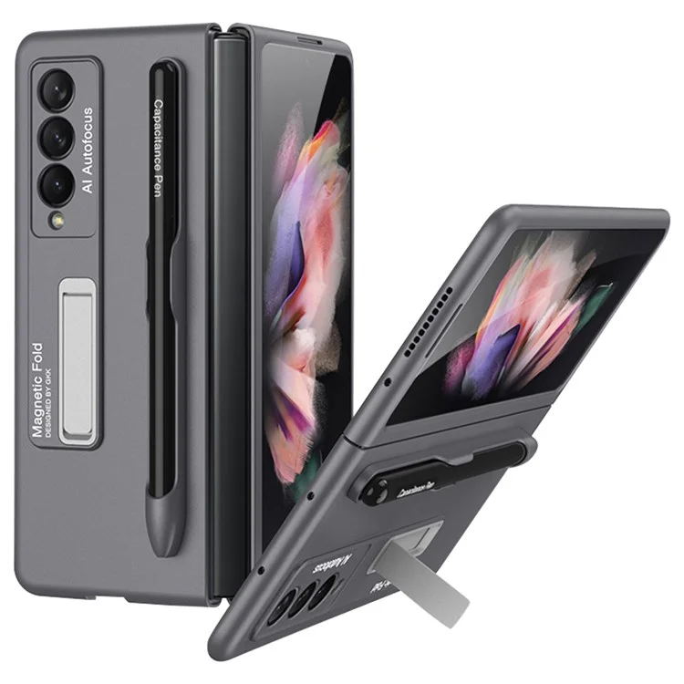 GKK Hard PC Folding Phone Case for Samsung Galaxy Z Fold3 5G, Drop-proof Protective Cover with Ultra-slim Kickstand and Pen Slot - Grey