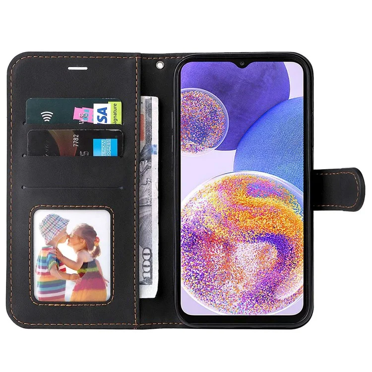 Para Samsung Galaxy A23 5G (Versión Global) / 4G Bolsa de Teléfono Móvil Carcasa de Cuero PU Billetera de Pie de Estilo de Fusión de Tres Colores Caso de Protección de Teléfono - Negro