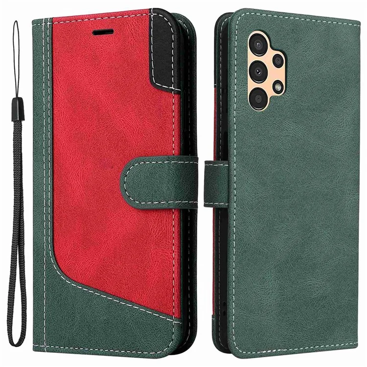 Pour Samsung Galaxy A13 4G Trois couleurs Splicing PU Leather Case Wallet Stand Full Body Anti-Scratch Protective Cover with Strap - Vert