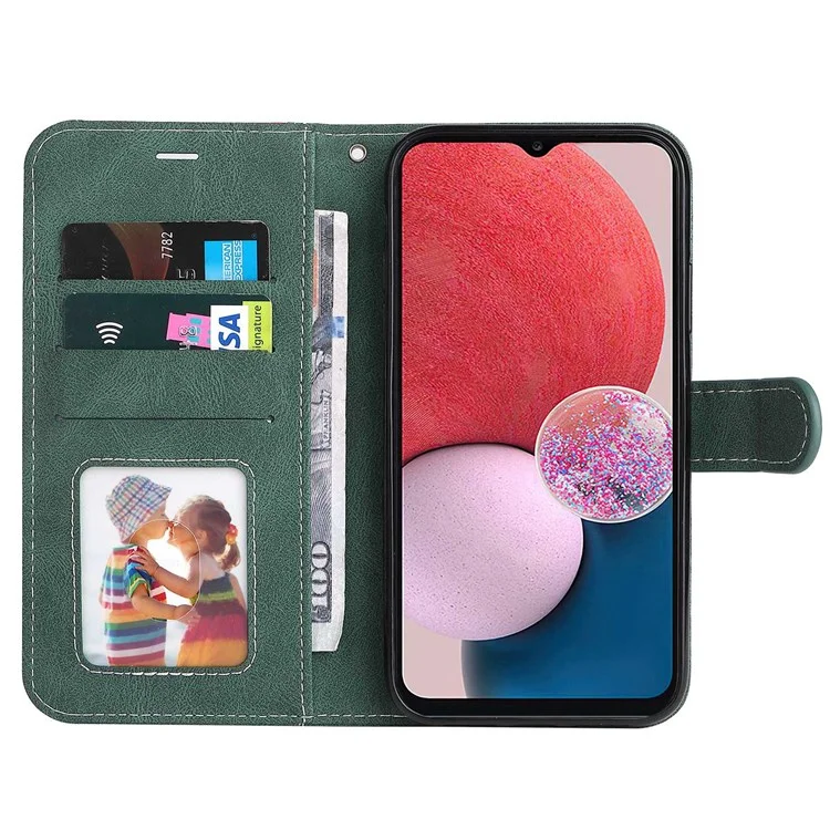 Pour Samsung Galaxy A13 4G Trois couleurs Splicing PU Leather Case Wallet Stand Full Body Anti-Scratch Protective Cover with Strap - Vert