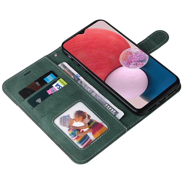 Pour Samsung Galaxy A13 4G Trois couleurs Splicing PU Leather Case Wallet Stand Full Body Anti-Scratch Protective Cover with Strap - Vert