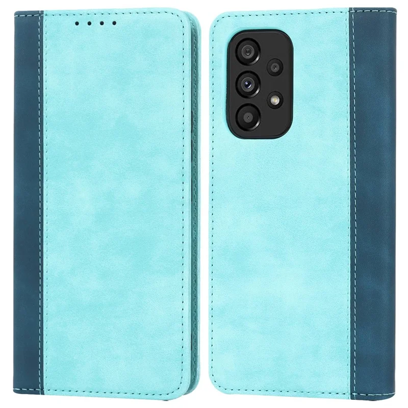 For Samsung Galaxy A53 5G Bi-color Splicing Magnetic Auto-absorbed PU Leather Phone Case with Wallet Stand -  Light Blue/Dark Blue