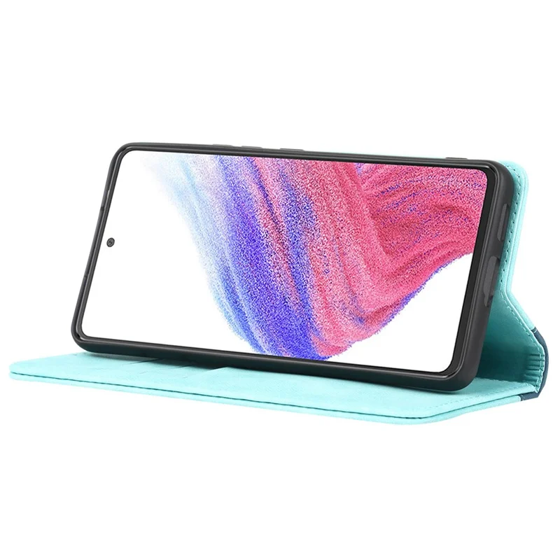 For Samsung Galaxy A53 5G Bi-color Splicing Magnetic Auto-absorbed PU Leather Phone Case with Wallet Stand -  Light Blue/Dark Blue