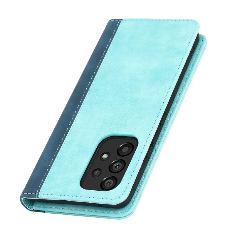 For Samsung Galaxy A53 5G Bi-color Splicing Magnetic Auto-absorbed PU Leather Phone Case with Wallet Stand -  Light Blue/Dark Blue