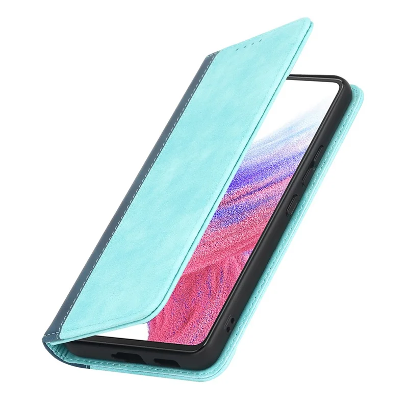 For Samsung Galaxy A53 5G Bi-color Splicing Magnetic Auto-absorbed PU Leather Phone Case with Wallet Stand -  Light Blue/Dark Blue