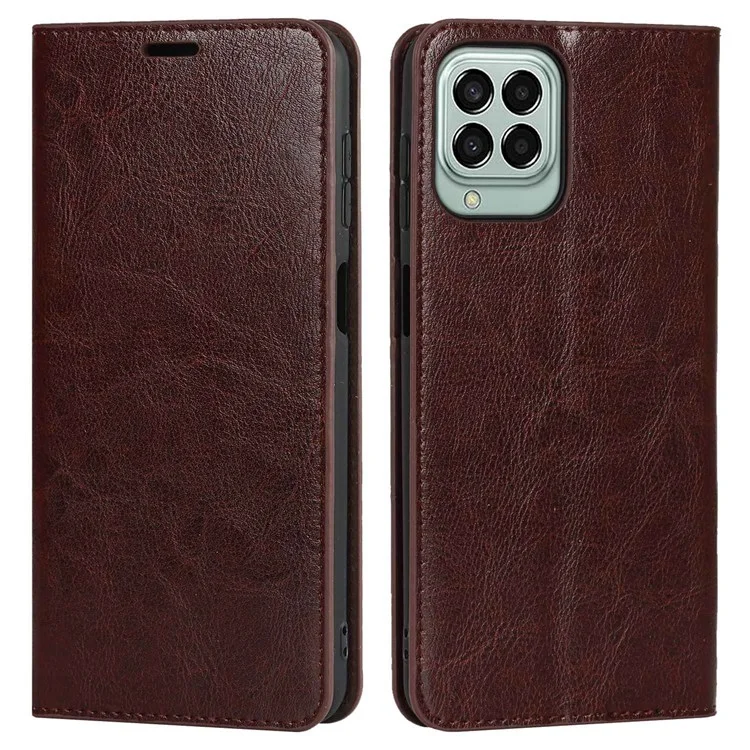 For Samsung Galaxy M53 5G Shockproof Genuine Leather Flip Cover Crazy Horse Texture Wallet Viewing Stand Magnetic Absorption Shell - Dark Brown