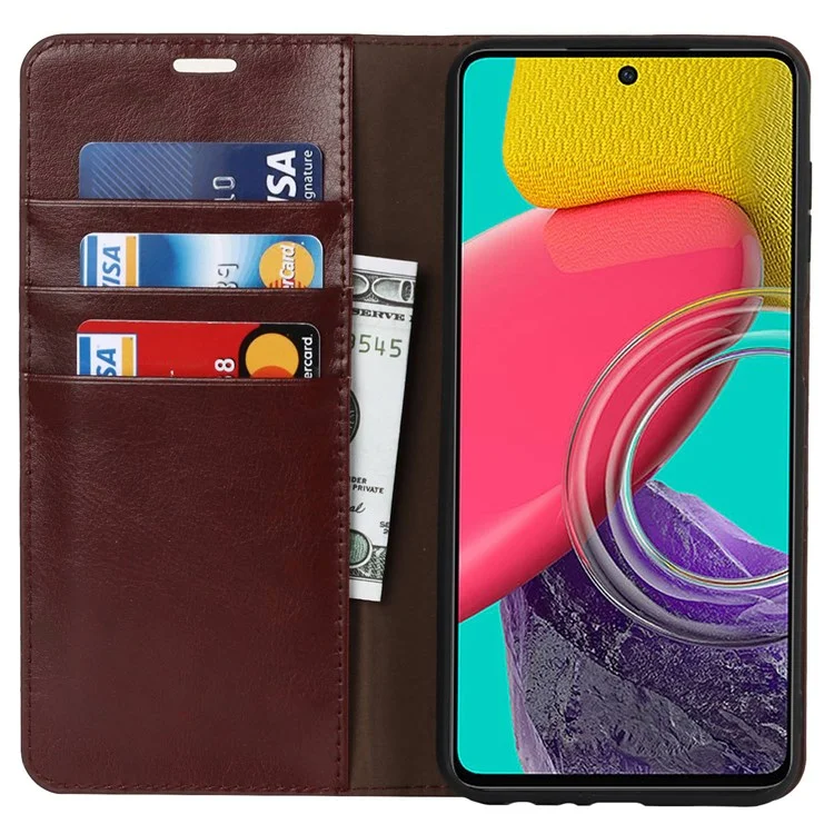 For Samsung Galaxy M53 5G Shockproof Genuine Leather Flip Cover Crazy Horse Texture Wallet Viewing Stand Magnetic Absorption Shell - Dark Brown