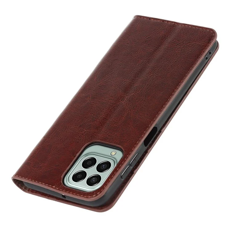 For Samsung Galaxy M53 5G Shockproof Genuine Leather Flip Cover Crazy Horse Texture Wallet Viewing Stand Magnetic Absorption Shell - Dark Brown