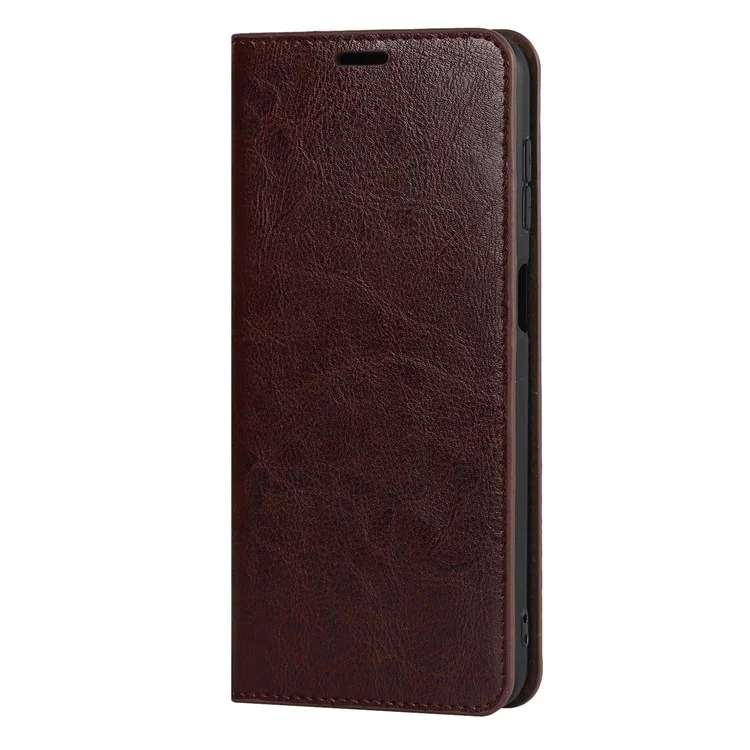 For Samsung Galaxy M53 5G Shockproof Genuine Leather Flip Cover Crazy Horse Texture Wallet Viewing Stand Magnetic Absorption Shell - Dark Brown