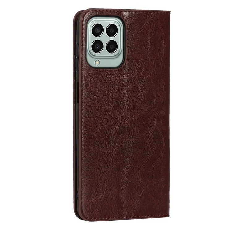 For Samsung Galaxy M53 5G Shockproof Genuine Leather Flip Cover Crazy Horse Texture Wallet Viewing Stand Magnetic Absorption Shell - Dark Brown