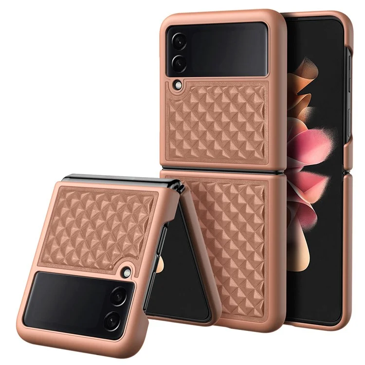 DUX DUCIS Venice Série Pour Samsung Galaxy Z Flip3 5G Rhombic Grid Texture Case Authentique en Cuir en Cuir en Cuir Dure PC Pliant Couverture - Brun