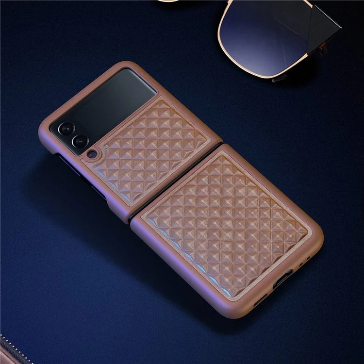 DUX DUCIS Venice Série Pour Samsung Galaxy Z Flip3 5G Rhombic Grid Texture Case Authentique en Cuir en Cuir en Cuir Dure PC Pliant Couverture - Brun