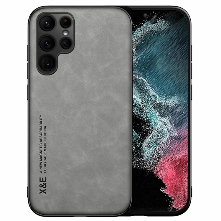 x & e Para Samsung Galaxy S22 Ultra 5G Skin Toucha Sentindo a Capa de TPU Com Revestimento de Couro Resistente a Arranhões Com Folha de Metal Embutida - Cinza Claro