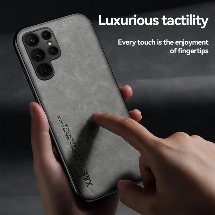 x & e Para Samsung Galaxy S22 Ultra 5G Skin Toucha Sentindo a Capa de TPU Com Revestimento de Couro Resistente a Arranhões Com Folha de Metal Embutida - Cinza Claro