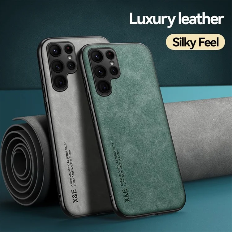 x & e Para Samsung Galaxy S22 Ultra 5G Skin Toucha Sentindo a Capa de TPU Com Revestimento de Couro Resistente a Arranhões Com Folha de Metal Embutida - Cinza Claro