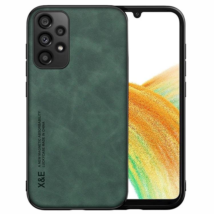 X&E For Samsung Galaxy A73 5G Car Mount Metal Sheet Phone Case Leather Coated TPU Skin-touch Protective Cover - Green