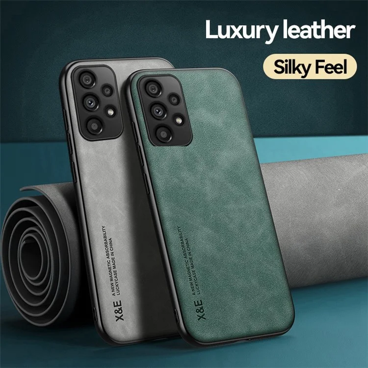 X&E For Samsung Galaxy A73 5G Car Mount Metal Sheet Phone Case Leather Coated TPU Skin-touch Protective Cover - Green